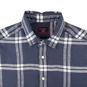 UNTUCKit Mens Medium Blue White Plaid 100% Linen Wrinkle Resistant Button Shirt